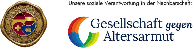 Grafisches Siegel mit der Aufschrift ‚DENKE GLOBAL, KAUFE LOKAL‘ sowie dem Hinweis auf die soziale Verantwortung in der Nachbarschaft durch Unterstützung der Gesellschaft gegen Altersarmut e.V.